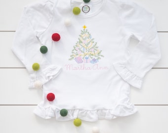Girl's Christmas Tree Shirt // Embroidered Christmas Tree Bodysuit