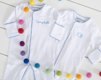 Monogram Picot Trim Footie Pajamas // Monogram Infant Pajamas