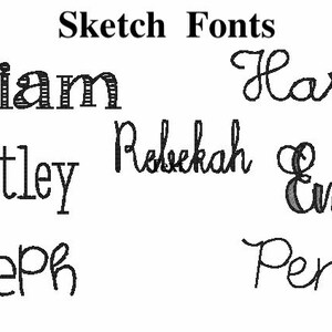 May include: A collection of names written in different sketch fonts. The names are William, Whitley, Joseph, Harper, Rebekah, Emily, and Penny.