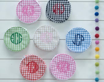 Monogram Gingham Jewelry Case // Embroidered Monogram Round Case