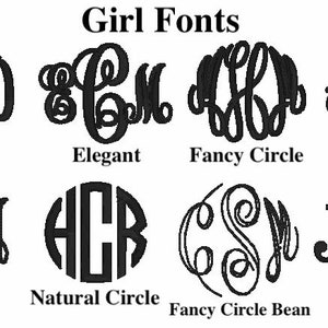 May include: A graphic showing different monogram font styles, including Vine, Elegant, Fancy Circle, Dazzling, Vine Bean, Natural Circle, Fancy Circle Bean, and Classic.