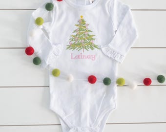 Girl's Christmas Tree Bow Shirt // Embroidered Pink Christmas Tree Bodysuit