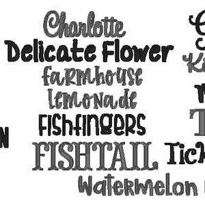 May include: A black and white image with a list of names and phrases, including Aiden, Amelia, Be Still, Boyz, Bridgetown, Curlz, Charlotte, Delicate Flower, farmhouse, Lemonade, Fishfingers, FISHTAIL, Grace, Kimberly, Magnolia, Times, Tickled Pink, Watermelon Margarita.