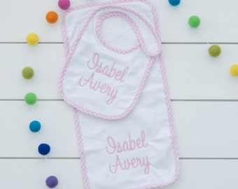 Monogram Bib & Burp Cloth // Gingham Trim Bib and Burp Cloth Set