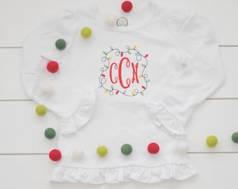 Girl's Christmas Light Shirt // Embroidered Christmas Monogram Shirt