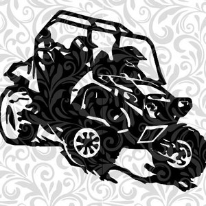 May include: Black and white silhouette of a side-by-side off-road vehicle with a roll cage. The vehicle is on a white background with a black floral pattern.