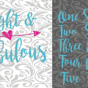 May include: A white and grey patterned background with a pink heart and arrow pointing to the right. The text "Eight & Fabulous" is in blue cursive font.