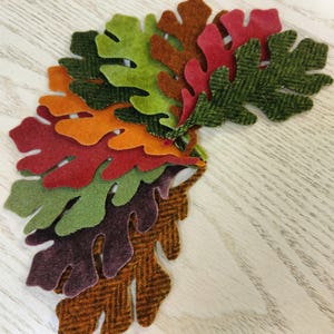 May include: A set of seven felt oak leaves in various fall colors, including green, orange, red, and brown. The leaves are arranged in a semi-circle, with the largest leaf at the bottom and the smallest leaf at the top.