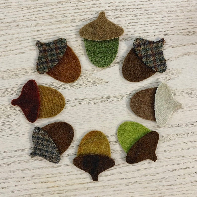 May include: A collection of felt acorn shapes in various colors, including brown, green, and tan. Some acorns have patterned caps. The acorns are arranged in a circular pattern on a light wood-grain surface.