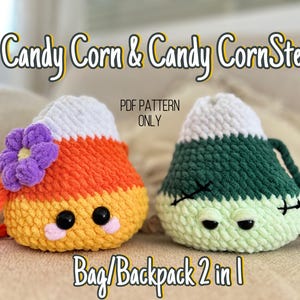 Puede incluir: Patrón de crochet para una bolsa o mochila de maíz dulce y stein de maíz dulce. El patrón está disponible solo como descarga PDF. La bolsa de maíz dulce es naranja, amarilla y blanca con una flor morada. La bolsa de stein de maíz dulce es verde, blanca y verde claro.