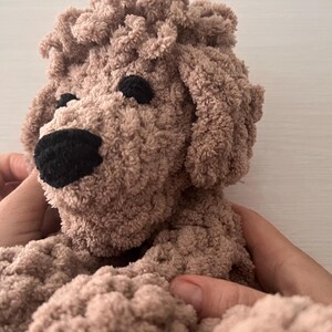 Pode incluir: Um c&atilde;o de pel&uacute;cia feito &agrave; m&atilde;o, em tons de castanho. O c&atilde;o tem uma apar&ecirc;ncia fofa e texturizada com um nariz e olhos pretos. O brinquedo &eacute; segurado por duas m&atilde;os, mostrando seu design macio e aconchegante. Um item charmoso e artesanal.