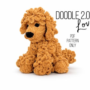 May include: A soft, brown poodle-shaped toy with a black nose and eyes. The image includes the text "DOODLE 2.0 Lovey PDF PATTERN ONLY" in black. The toy is set against a white backdrop. The toy is made of a fluffy material.