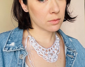 Delicate Sequin Crochet Collar Necklace, Handmade Lace Statement Necklace, Lightweight Coastal Jewelry