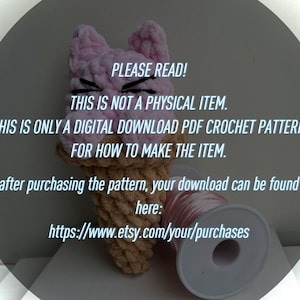 May include: A crochet pattern for a pink and brown ice cream cone toy. The pattern is a digital download PDF and is not a physical item. The text on the image reads "PLEASE READ! THIS IS NOT A PHYSICAL ITEM. THIS IS ONLY A DIGITAL DOWNLOAD PDF CROCHET PATTERN FOR HOW TO MAKE THE ITEM. after purchasing the pattern, your download can be found here: https://www.etsy.com/your/purchases"