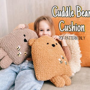 LOW-SEW crochet PATTERN: Crochet Cuddle Bear Cushion - 2 sizes, Plush Yarn Crochet Pillow, Cute Crochet Kids Room Decor, Crochet Bear Pillow