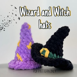 HALLOWEEN crochet PATTERN: Crochet Wizard and Witch Hats Pattern - Plush Yarn Halloween Crochet Pattern, Halloween Accessory.