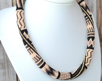 Bead crochet rope necklace. Brown beige black patchwork geometric classic bead crochet rope necklace. Statement beadwork necklace jewelry