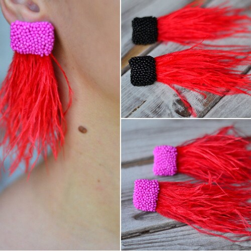 Ostyle Beaded Oval Earrings Red Hot Pink Earrings Etsy