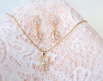 Crystal Leaf Bridal Jewelry Set, Gold Leaf Necklace and Earrings, Woodland Fall Wedding Jewelry Set, Cubic Zirconia Delicate Bridesmaid Gift