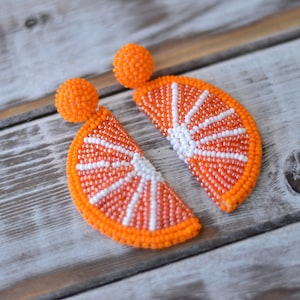 Beaded orange tangerine earrings Embroidered tropical citrus jewelry