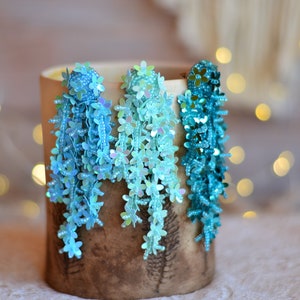Floral drop sequins earrings turquoise mint blue