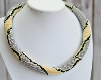 Python Snake Skin Beaded Necklace, Bead Crochet Rope, Seed Bead Choker, Neutral Statement Jewelry, Gift for Her