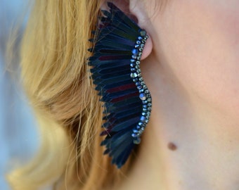 Navy Blue Wing Earrings: Sequined Statement Accessory Unique Event New Year party sparkle Jewelry