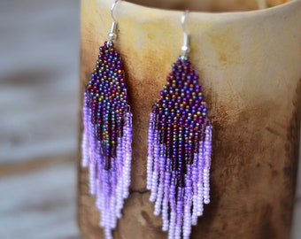 Lavender Beaded Fringe Earrings, Purple Statement Earrings, Long Seed Bead Earrings, Boho Festival Jewelry, Gift for Her