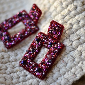 Statement geometric beaded crystal earrings Wine burgundy claret rectangle drop earrings