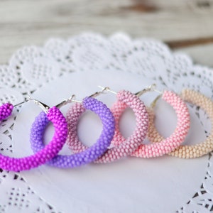 Beaded Hoop Earrings: Purple, Violet, Lilac, Pink Statement Hoops