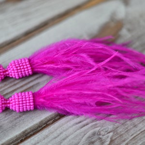 Feather Tassel Beaded Earrings Hot Pink Fuchsia High Quality Beadwork ...