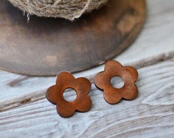 Wooden stud earrings flower floral posts Natural statement boho rustic earrings