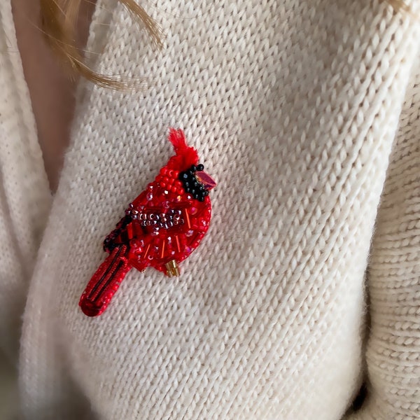 Red Cardinal beaded brooch pin Valentine's day gift bird lover sequins embroidered jewelry Gifts for mom