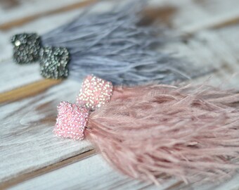 Feather earrings Square Natural ostrich Pale pink Steel grey bohemian earrings Beaded dangle drop tassel Trend statement accessory jewelry
