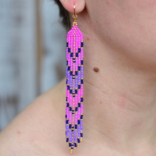 Extra long tassel earrings Bohemian beaded fringe earrings stement hot pink fuchsia purple gold jewelry
