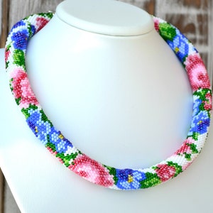 Chunky bead crochet necklace Pink roses blue pansy violet boho bohemian bead necklace Ukrainian vyshyvanka shawl necklace jewelry