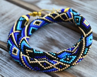 Royal blue gold beaded rope necklace, geometric chocker, Statement bohemian wedding beadwork neckpiece jewelry, gift for Mom, gift for wife