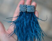 Feather earrings Ostrich natural tassel Prussian dark blue silver Waterfall beaded crystal clip on earrings Bohemian boho Statement beadwork