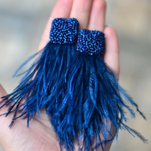 Natural feather earrings/ Navy dark blue Waterfall beaded clip on tassel earrings/ Bohemian boho Statement beadwork