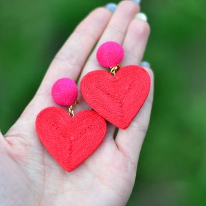 Heart earrings Red hot pink cora Fashion trendy Chunky big love Cord clip on earrings Rebecca de Ravenel Drop dangle statement jewelry image 2