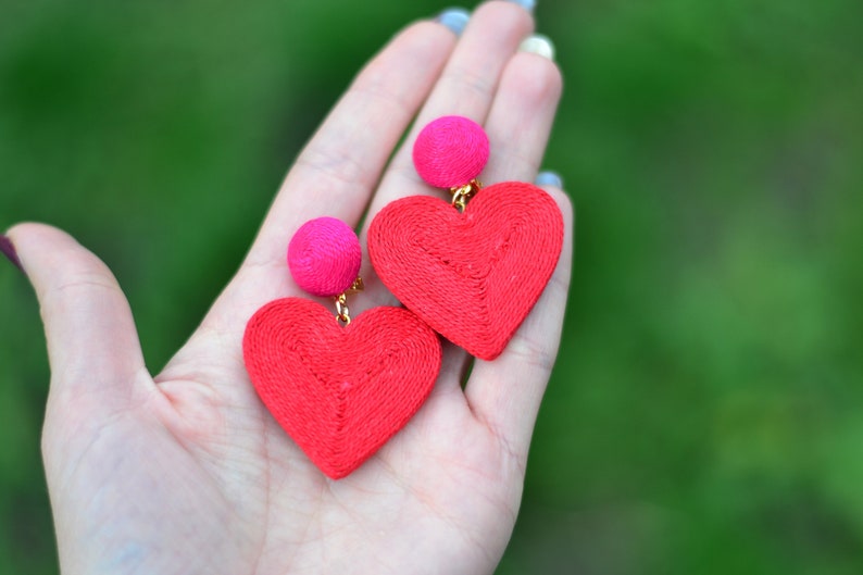 Heart earrings Red hot pink cora Fashion trendy Chunky big love Cord clip on earrings Rebecca de Ravenel Drop dangle statement jewelry image 2