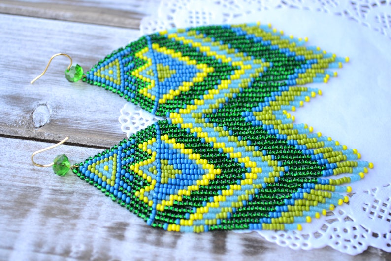 Long Green Fringe beaded earrings Native American Bohemian bead earrings Modern African beadwork chandalier earrings St Patrick/'s Day