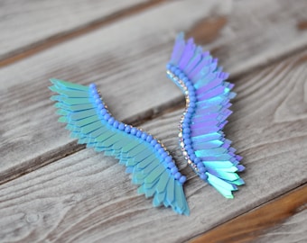 Wings earrings Sequins serenity blue Huge chunky wedding earrings