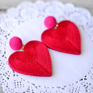 Heart earrings Red hot pink cora Fashion trendy Chunky big love Cord clip on earrings Rebecca de Ravenel Drop dangle statement jewelry image 6