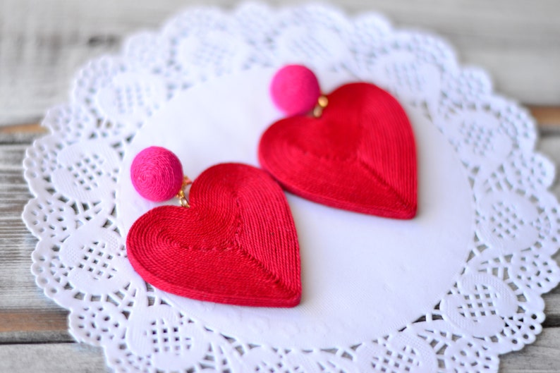 Heart earrings Red hot pink cora Fashion trendy Chunky big love Cord clip on earrings Rebecca de Ravenel Drop dangle statement jewelry image 6