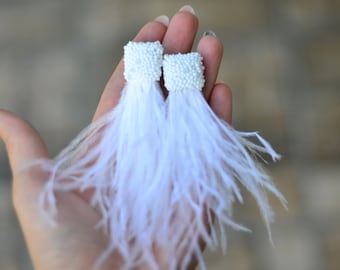 White feather earrings wedding bridal engagement statement natural ostrich earrings Waterfall beaded clip on tassel earrings