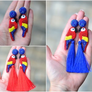 Beaded bright parrot cockatoo bird embroidered tassel earrings. Bohemian boho tropical earrings. Statement beadwork