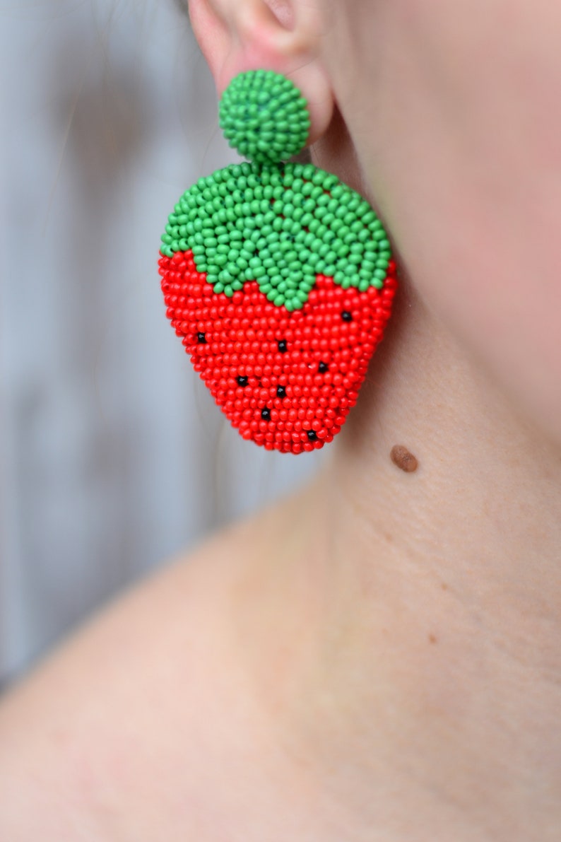 Beaded Strawberry Earrings Embroidered Fruit Jewelry Statement Etsy
