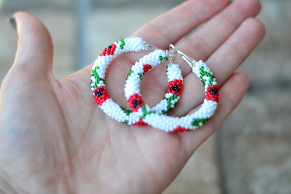 Red Poppy Beaded Hoop Earrings: Floral Handmade Jewelry - Etsy display picture 1