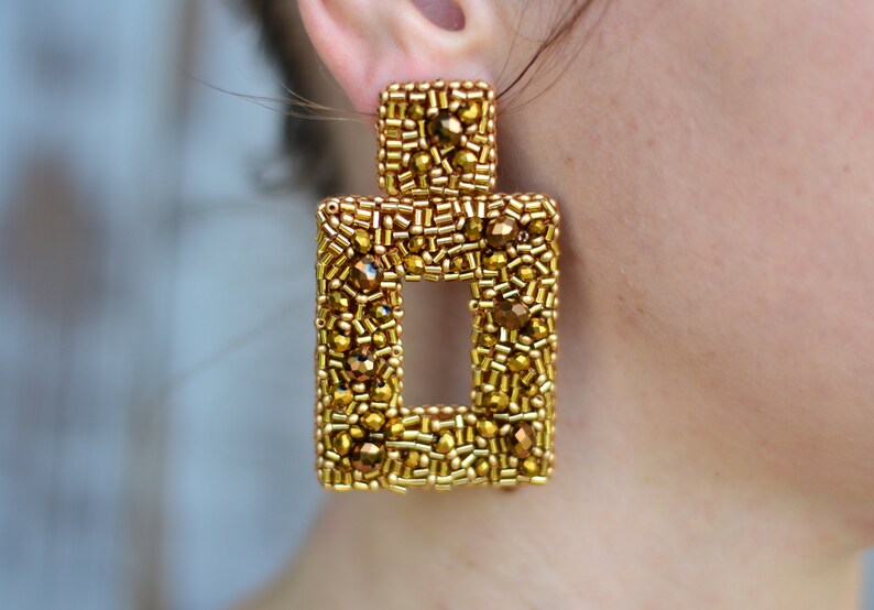 Statement Geometric Gold Beaded Crystal Earrings Rectangle Etsy